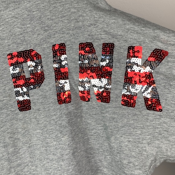 PINK Victoria's Secret Oversized Patriotic Long Sleeve Sequin Bling Crop Top - Picture 7 of 9